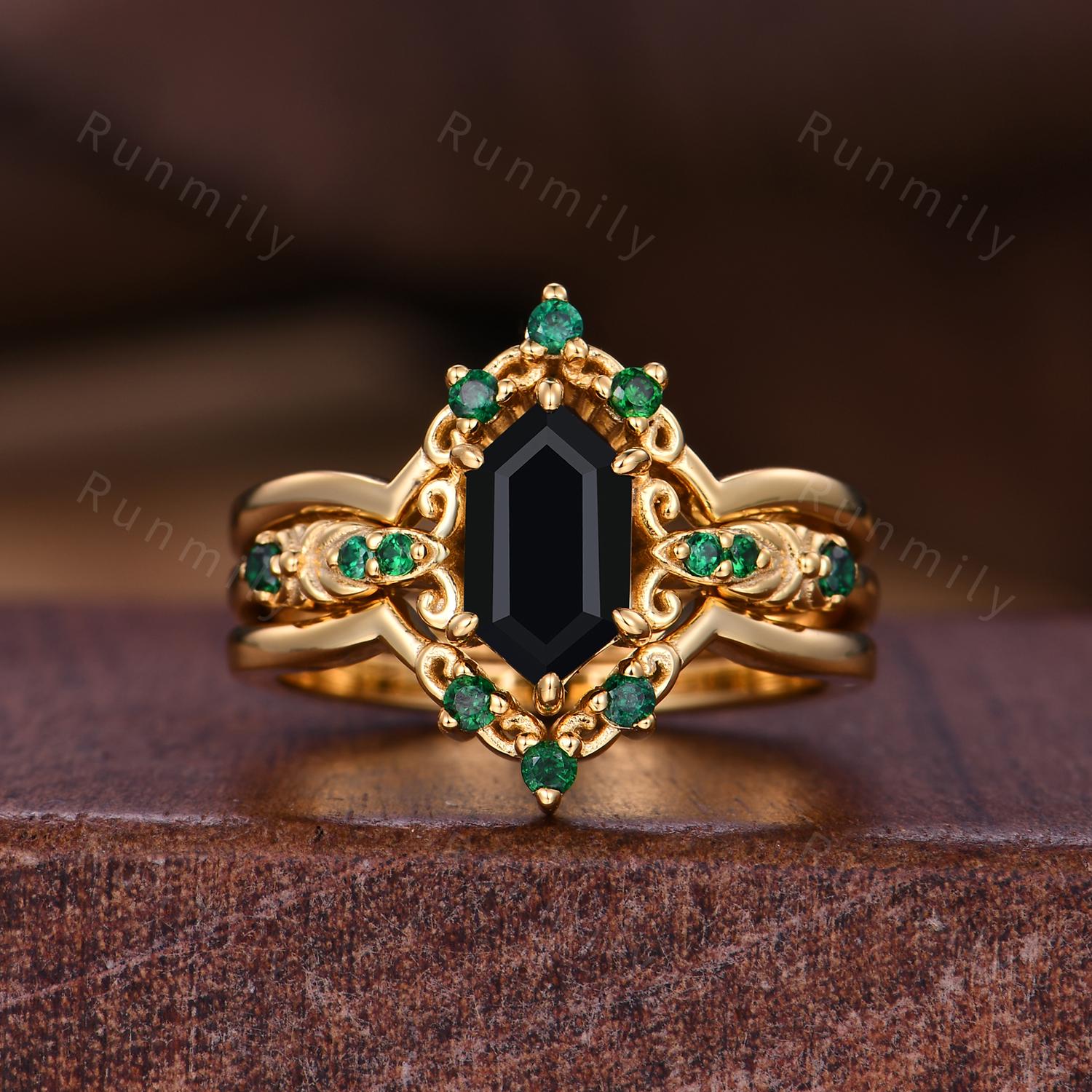 Antique Black Onyx Couples Ring Set Vintage Double Curved Emerald Band Yellow Gold His and Her Wedding Band Promise Ring For Men and Women