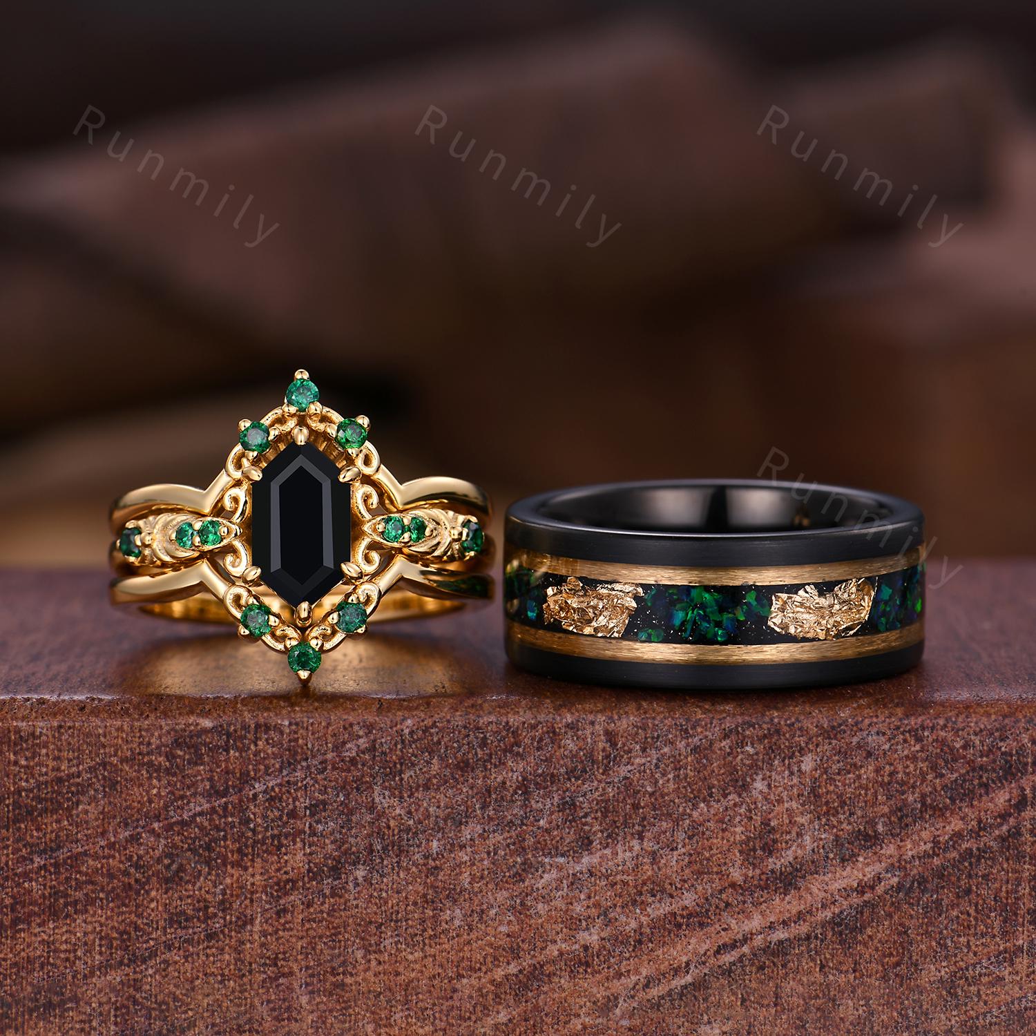 Antique Black Onyx Couples Ring Set Vintage Double Curved Emerald Band Yellow Gold His and Her Wedding Band Promise Ring For Men and Women