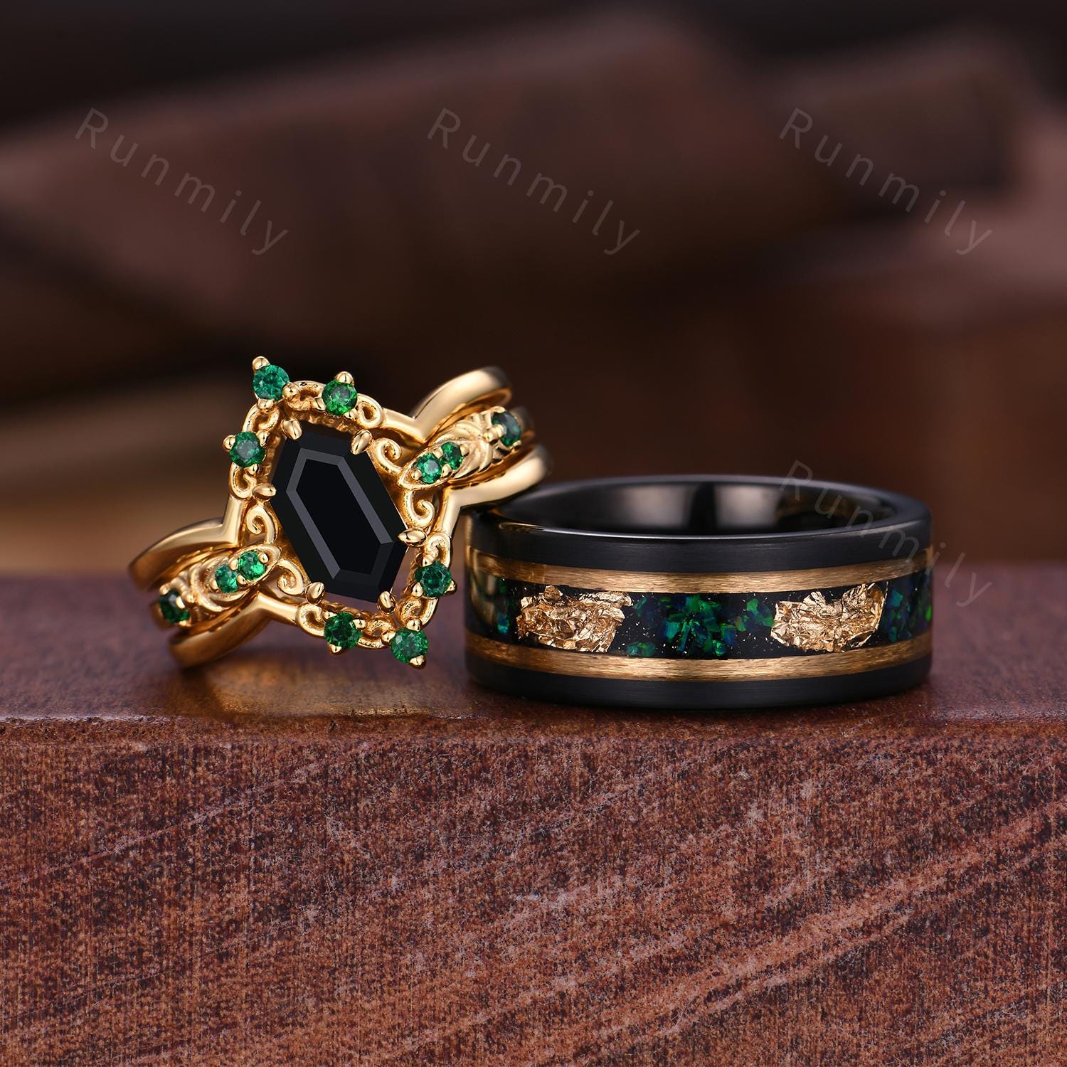 Antique Black Onyx Couples Ring Set Vintage Double Curved Emerald Band Yellow Gold His and Her Wedding Band Promise Ring For Men and Women