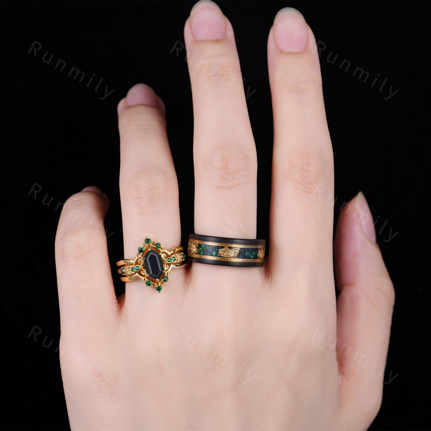 Antique Black Onyx Couples Ring Set Vintage Double Curved Emerald Band Yellow Gold His and Her Wedding Band Promise Ring For Men and Women