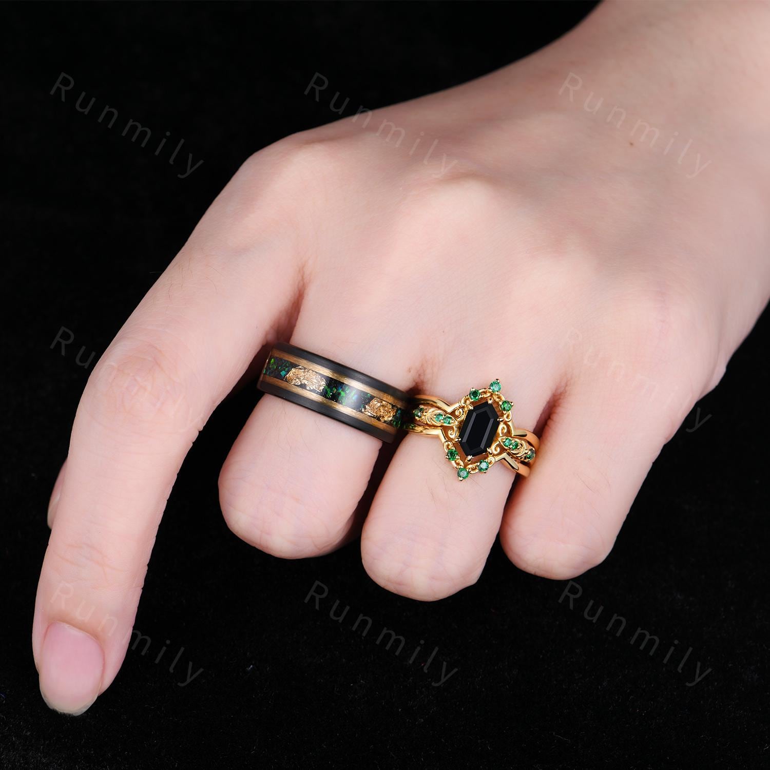 Antique Black Onyx Couples Ring Set Vintage Double Curved Emerald Band Yellow Gold His and Her Wedding Band Promise Ring For Men and Women