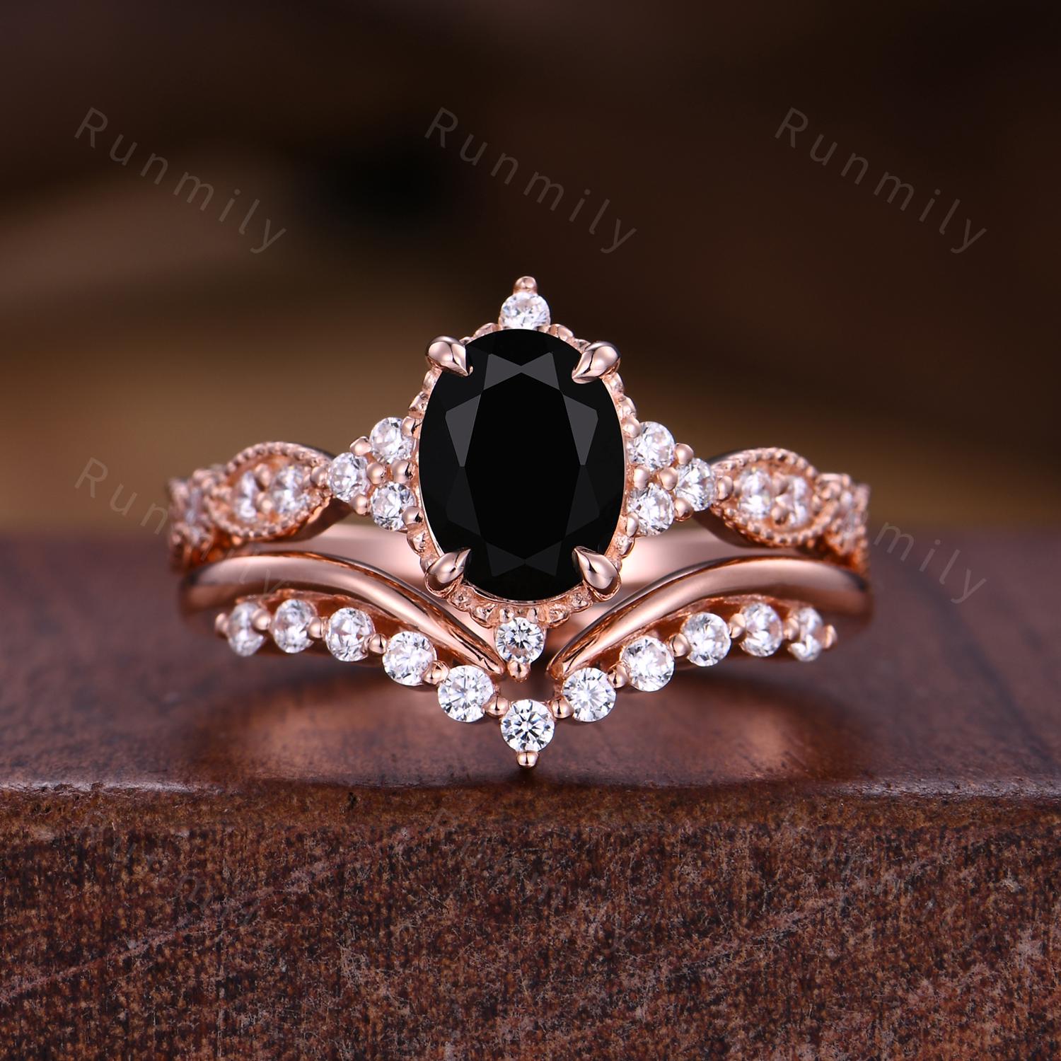 Unique Black Onyx Couples Ring Set Rose Gold His And Hers Wedding Band Art Deco Stacking Ring Mens Tungsten Ring Promise Ring Set For Women