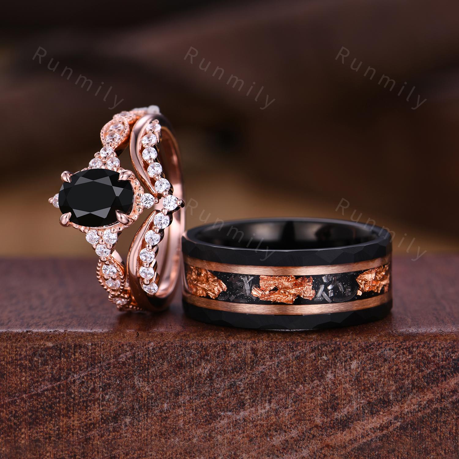 Unique Black Onyx Couples Ring Set Rose Gold His And Hers Wedding Band Art Deco Stacking Ring Mens Tungsten Ring Promise Ring Set For Women