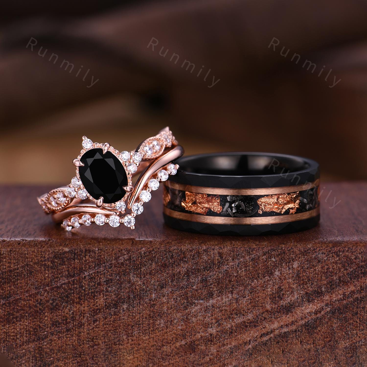 Unique Black Onyx Couples Ring Set Rose Gold His And Hers Wedding Band Art Deco Stacking Ring Mens Tungsten Ring Promise Ring Set For Women