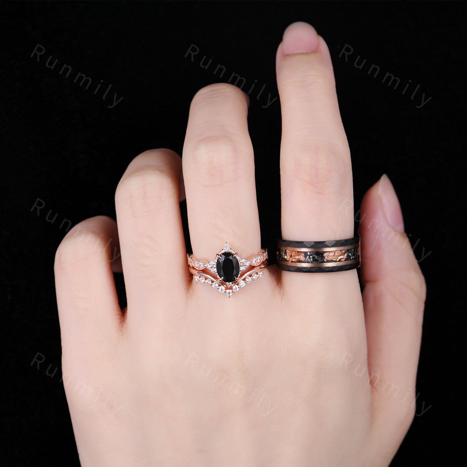 Unique Black Onyx Couples Ring Set Rose Gold His And Hers Wedding Band Art Deco Stacking Ring Mens Tungsten Ring Promise Ring Set For Women