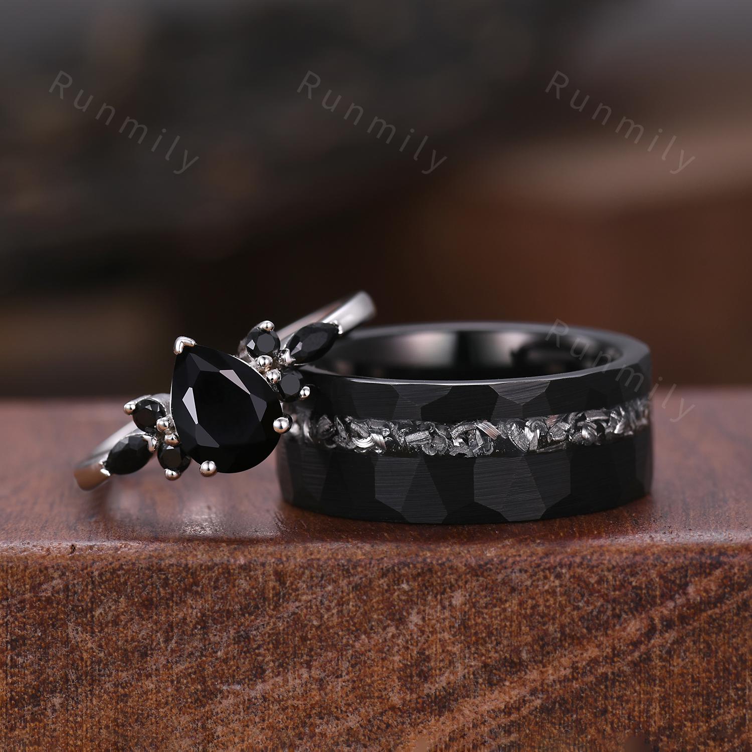 Pear Cut Black Onyx Couples Ring Silver & Black Gold Promise Ring Set His And Hers Wedding Band Mens Hammered Band Unique Couple's Ring