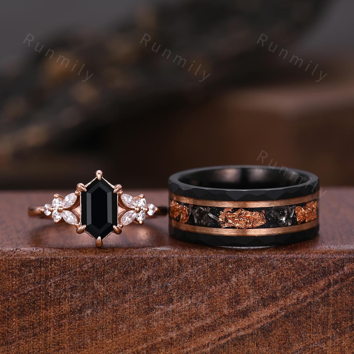 Vintage black onyx couples ring set rose gold matching promise ring His and Hers wedding band Mens meteorite ring Couple's anniversary ring