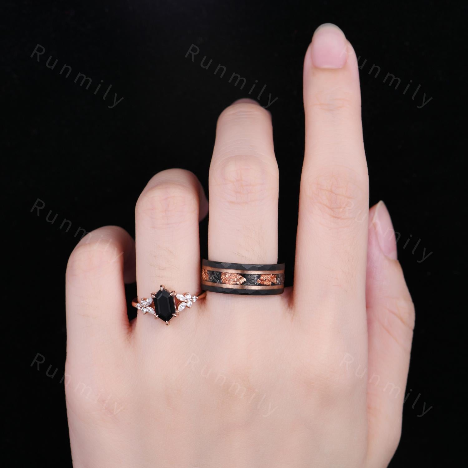 Vintage black onyx couples ring set rose gold matching promise ring His and Hers wedding band Mens meteorite ring Couple's anniversary ring