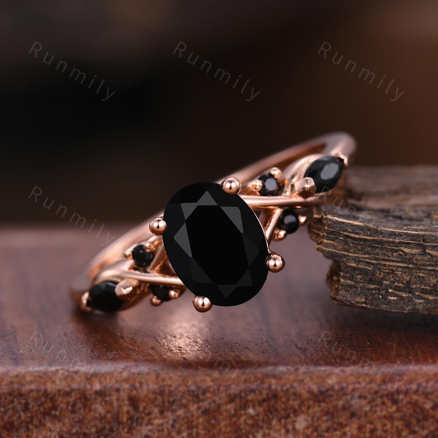 Oval cut Black Onyx Engagement Ring Rose Gold Ring For Women Marquise Black Spinel Wedding Ring Unique Twig Ring Bridal Promise Ring