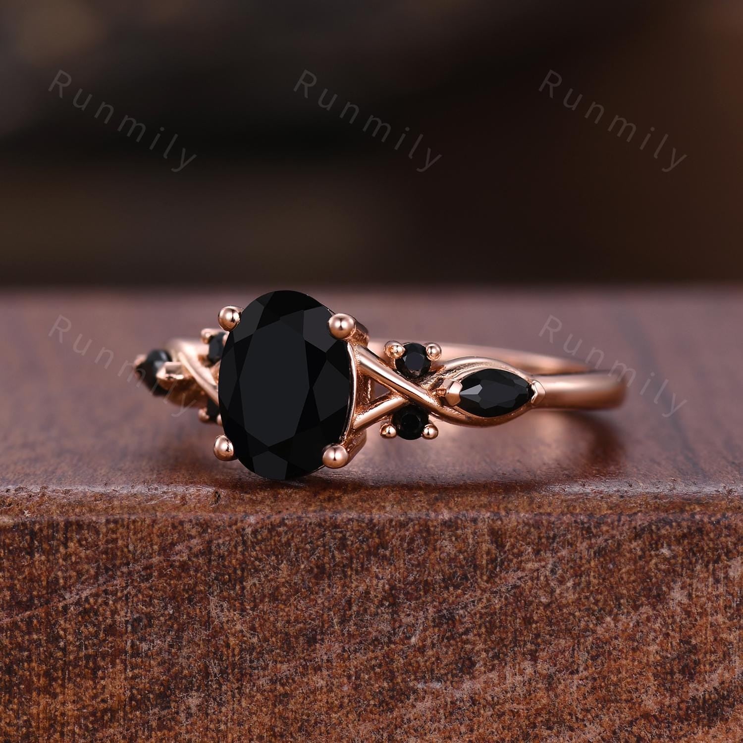 Oval cut Black Onyx Engagement Ring Rose Gold Ring For Women Marquise Black Spinel Wedding Ring Unique Twig Ring Bridal Promise Ring