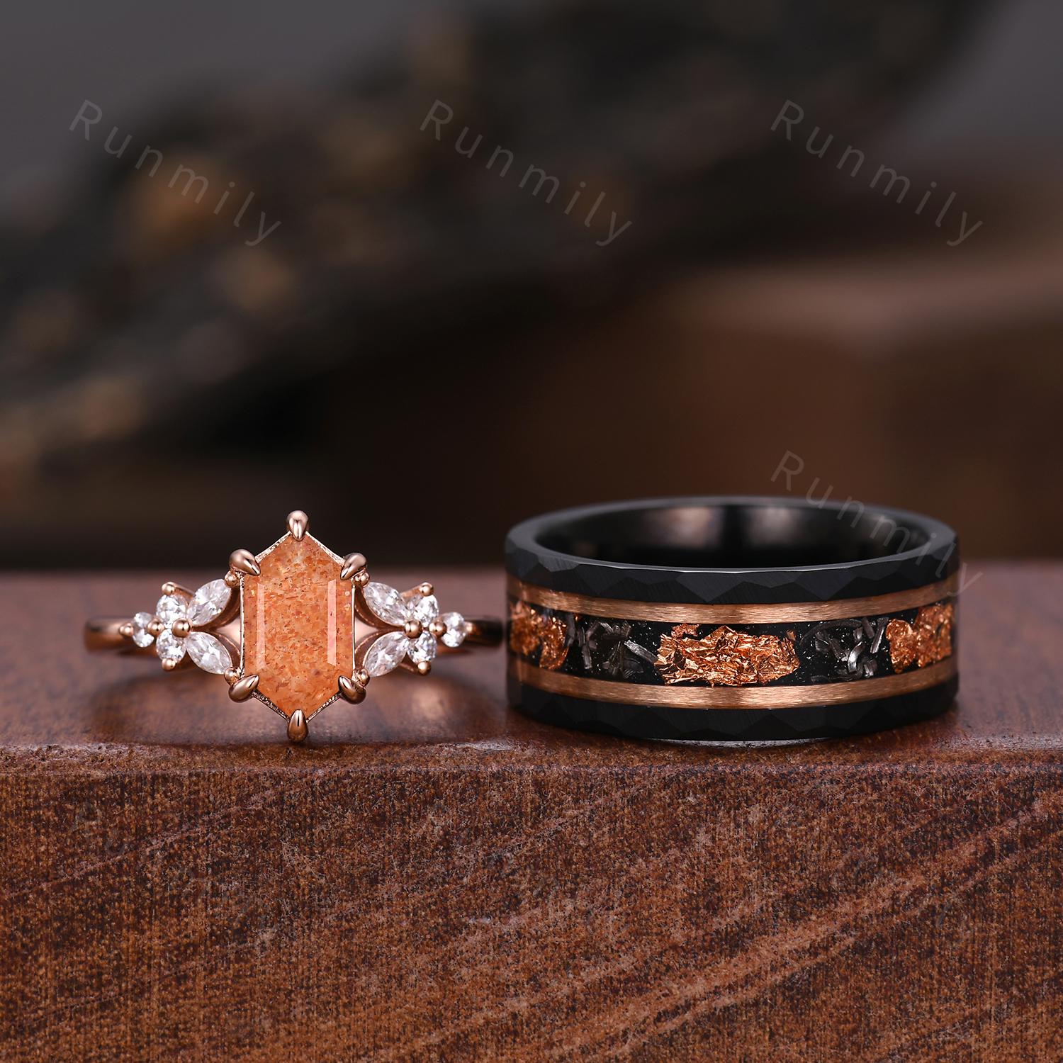 Vintage Sunstone Couples Ring Set Rose Gold Matching Promise Rings His And Hers Wedding Band Mens Gold Leaf Ring Orange Gemstone Ring Gift