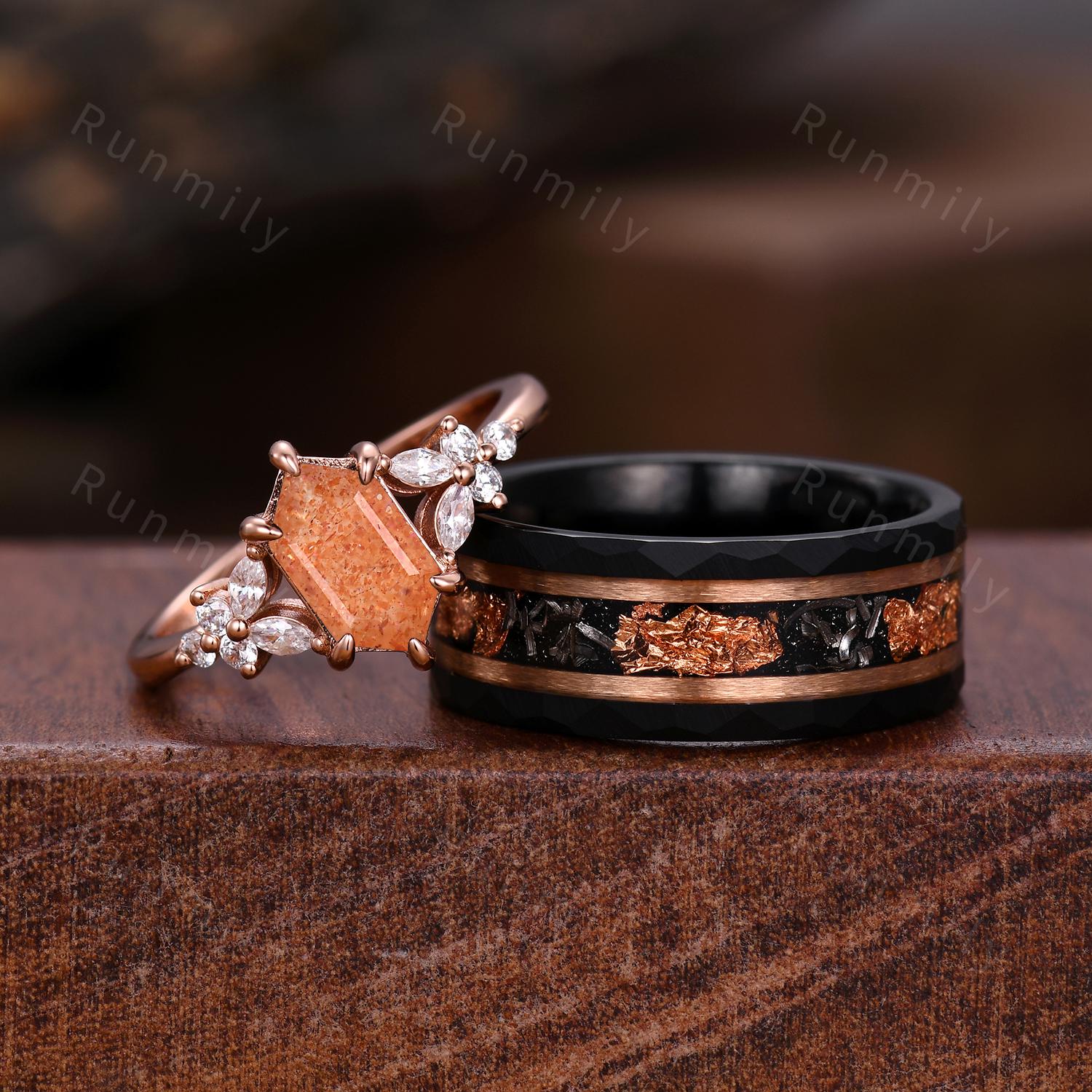 Vintage Sunstone Couples Ring Set Rose Gold Matching Promise Rings His And Hers Wedding Band Mens Gold Leaf Ring Orange Gemstone Ring Gift