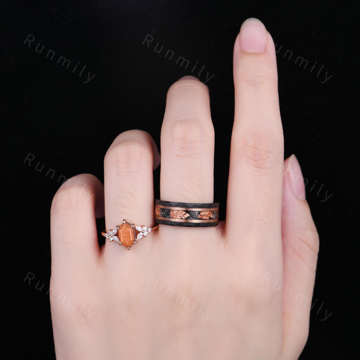 Vintage Sunstone Couples Ring Set Rose Gold Matching Promise Rings His And Hers Wedding Band Mens Gold Leaf Ring Orange Gemstone Ring Gift