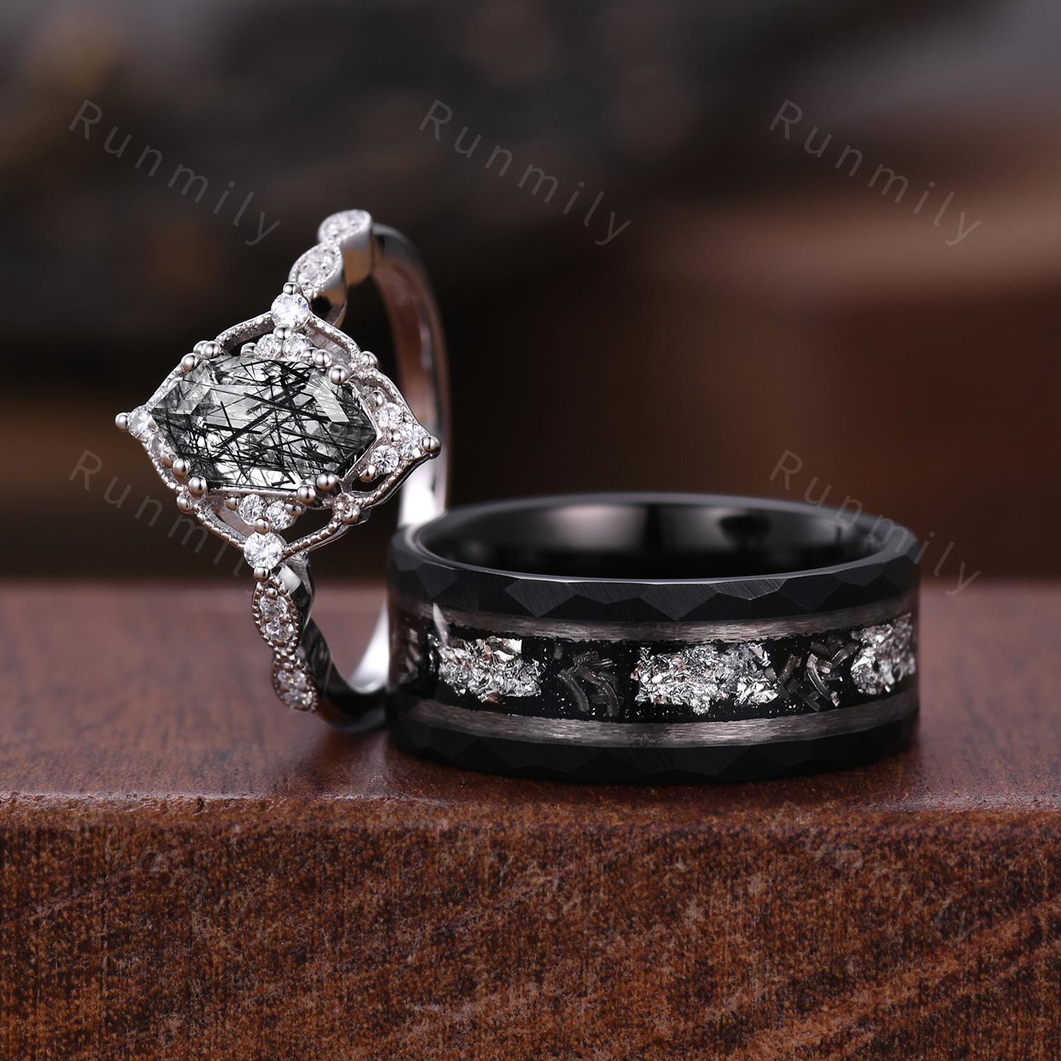 Vintage Black Rutilated Quartz Couple Ring White Gold Matching Ring Set His and Hers Wedding Band Unique Promise Ring For Men For Women Gift