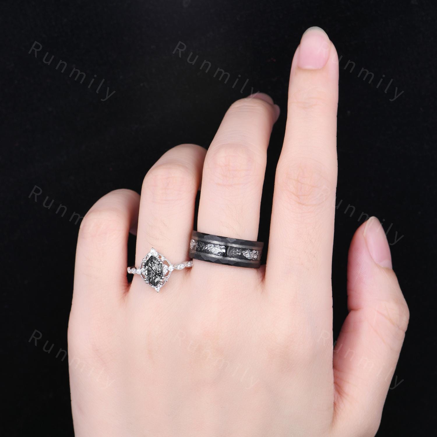 Vintage Black Rutilated Quartz Couple Ring White Gold Matching Ring Set His and Hers Wedding Band Unique Promise Ring For Men For Women Gift