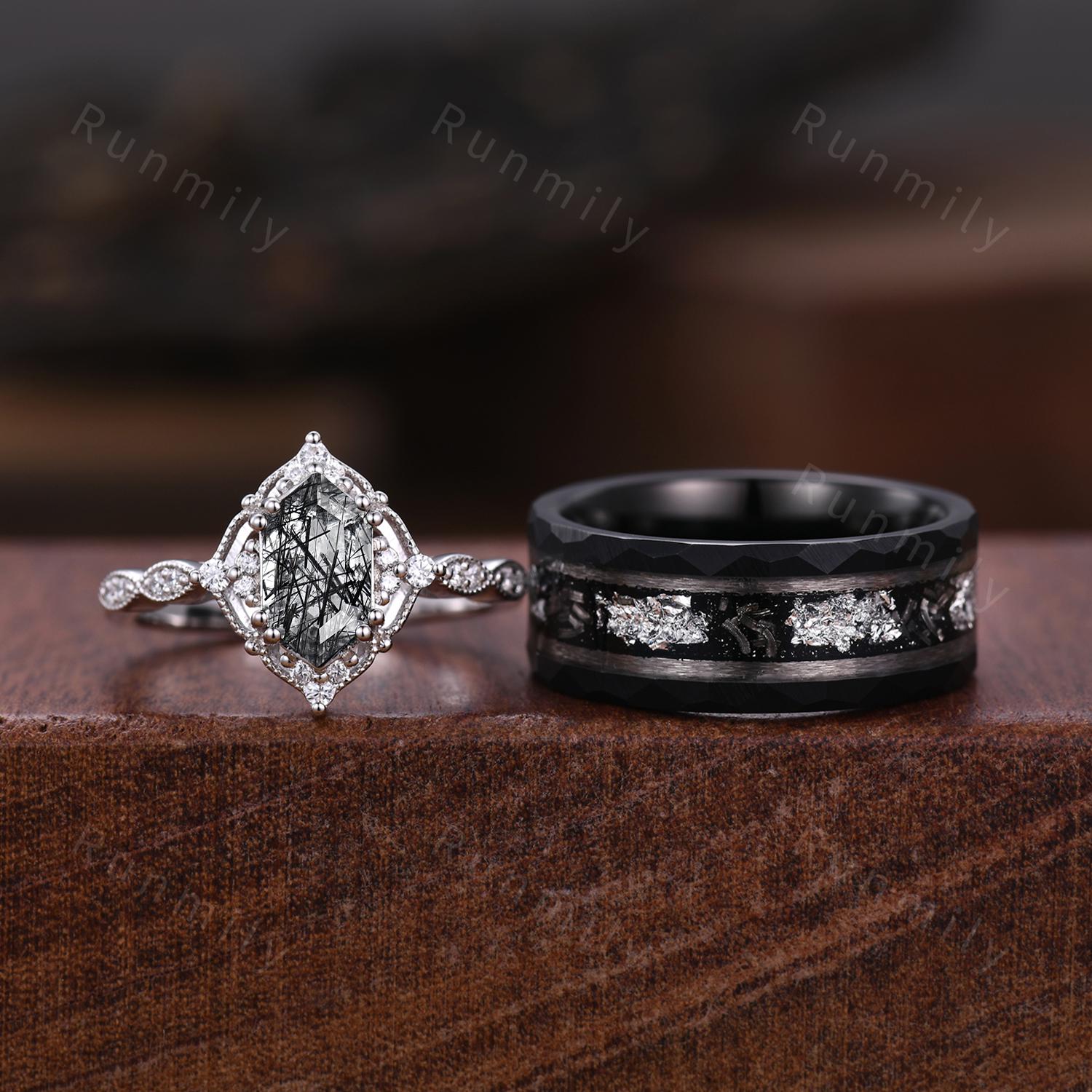 Vintage Black Rutilated Quartz Couple Ring White Gold Matching Ring Set His and Hers Wedding Band Unique Promise Ring For Men For Women Gift