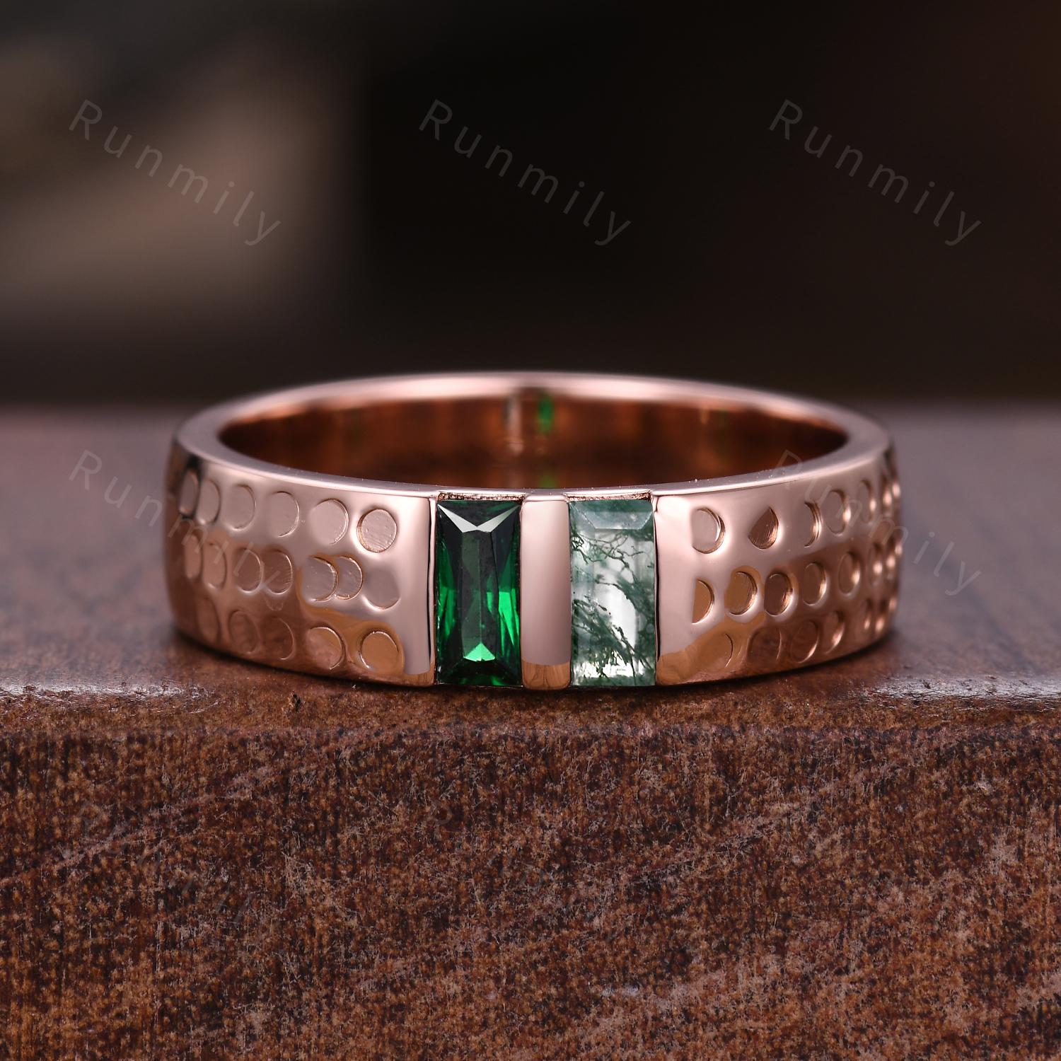 Moss Agate and Emerald Couples Ring Set Vintage Floral Engagement Ring Vintage Rose Gold His and Hers Wedding Band Mens Baguette Gem Ring