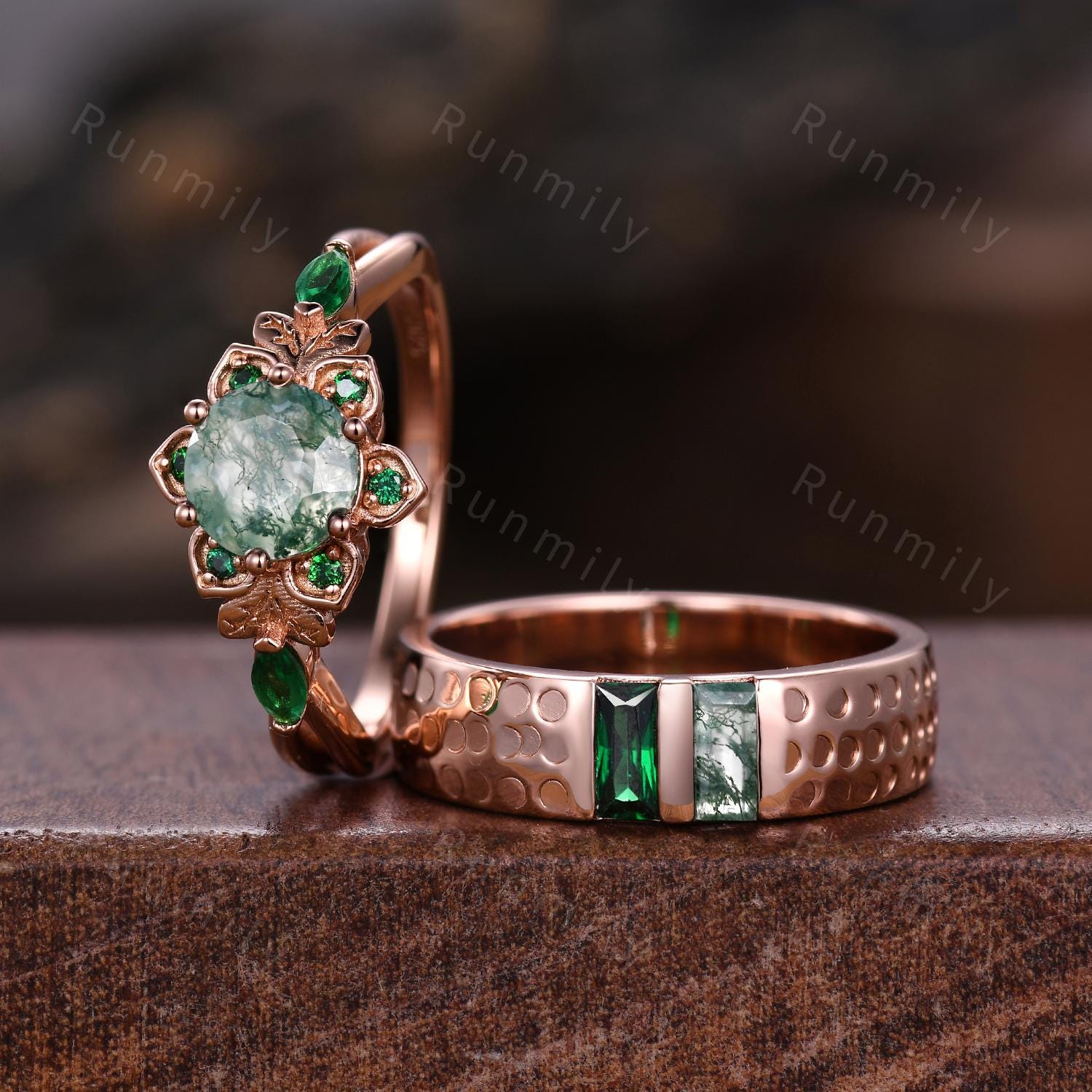 Moss Agate and Emerald Couples Ring Set Vintage Floral Engagement Ring Vintage Rose Gold His and Hers Wedding Band Mens Baguette Gem Ring