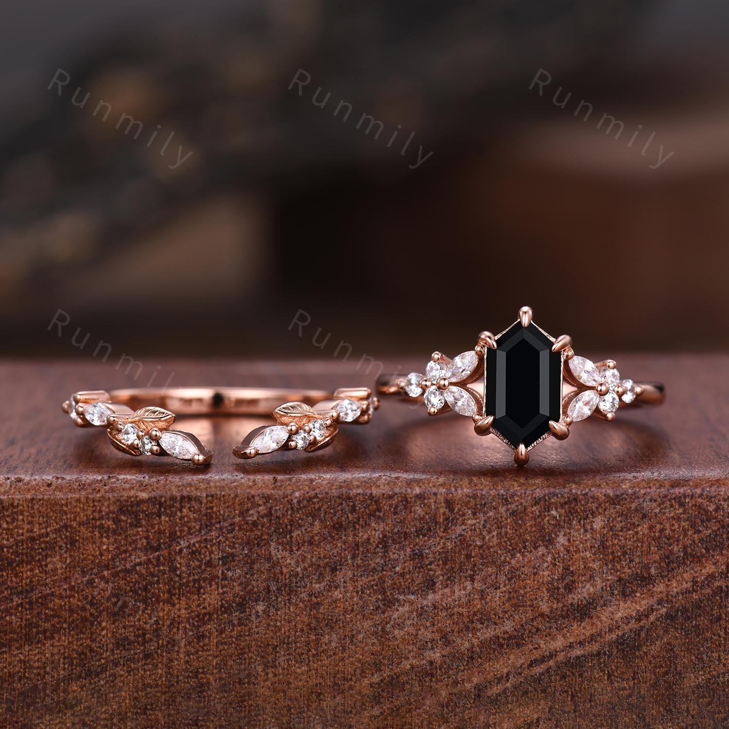 Hexagon cut Black Onyx Engagement ring set Vintage open gap wedding band Rose gold Cluster shank leaf Bridal set Anniversary ring gift