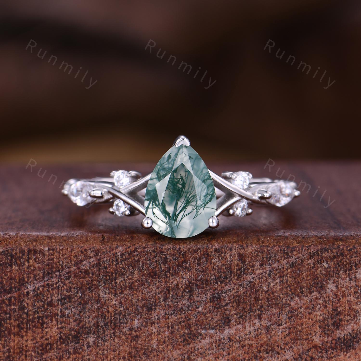 Natural Moss Agate Couples Ring Set Men's Crushed Emerald Band Vintage His and Her Wedding Band Promise Ring For Men and Women Green Rings