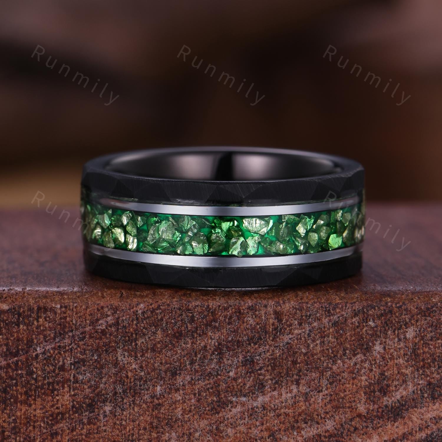 Natural Moss Agate & Emerald Couples Set Ring May Birthstone Gifts Vintage His and Her Wedding Band Men's Emerald Tungsten Ring Green Rings