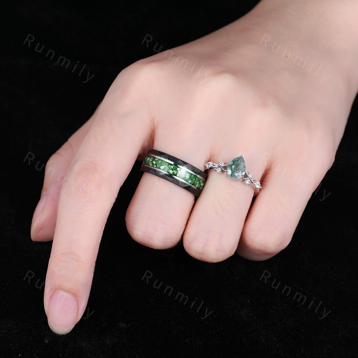 Natural Moss Agate Couples Ring Set Men's Crushed Emerald Band Vintage His and Her Wedding Band Promise Ring For Men and Women Green Rings