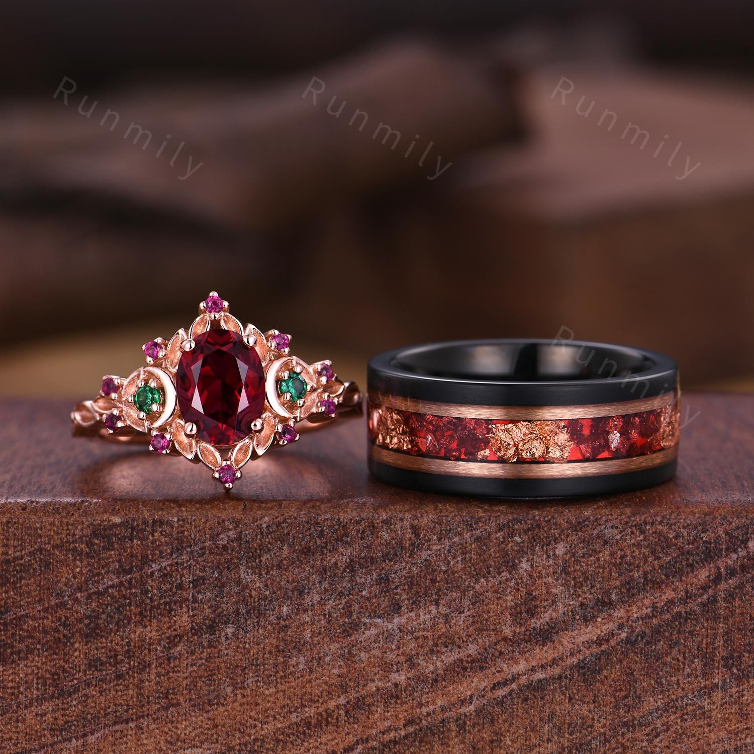 Antique Oval Ruby Couples Ring Set Rose Gold Matching Promise Ring Vintage His and Hers Wedding Band Mens Ruby Ring Anniversary Ring Gifts