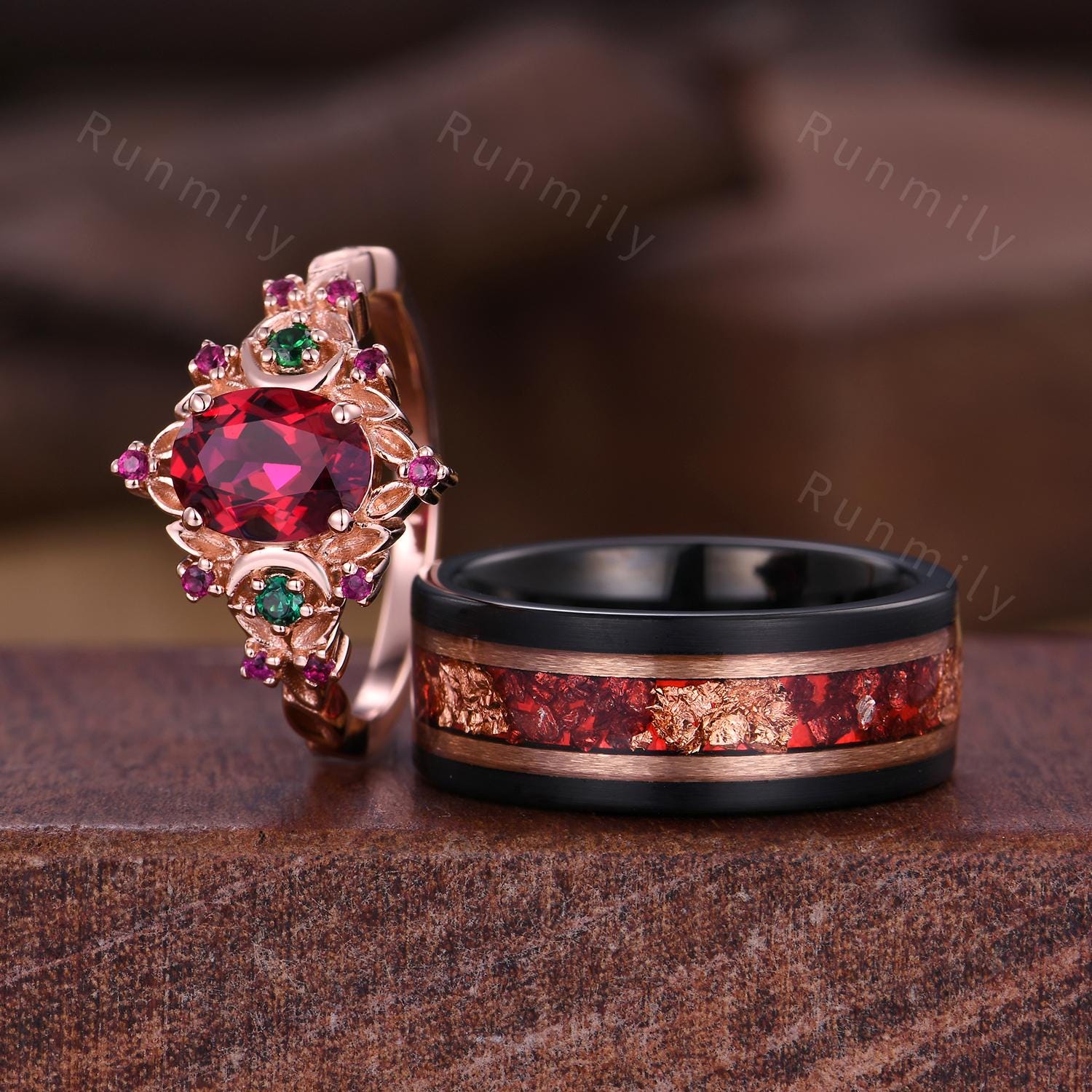 Antique Oval Ruby Couples Ring Set Rose Gold Matching Promise Ring Vintage His and Hers Wedding Band Mens Ruby Ring Anniversary Ring Gifts