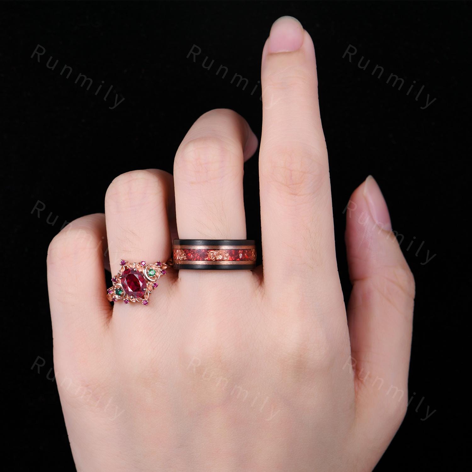 Antique Oval Ruby Couples Ring Set Rose Gold Matching Promise Ring Vintage His and Hers Wedding Band Mens Ruby Ring Anniversary Ring Gifts