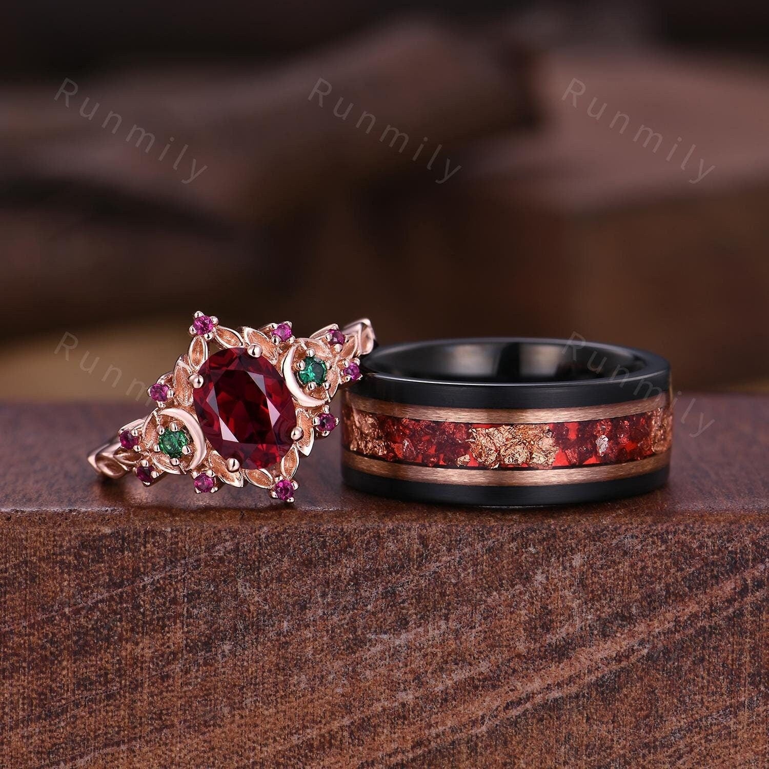 Antique Oval Ruby Couples Ring Set Rose Gold Matching Promise Ring Vintage His and Hers Wedding Band Mens Ruby Ring Anniversary Ring Gifts