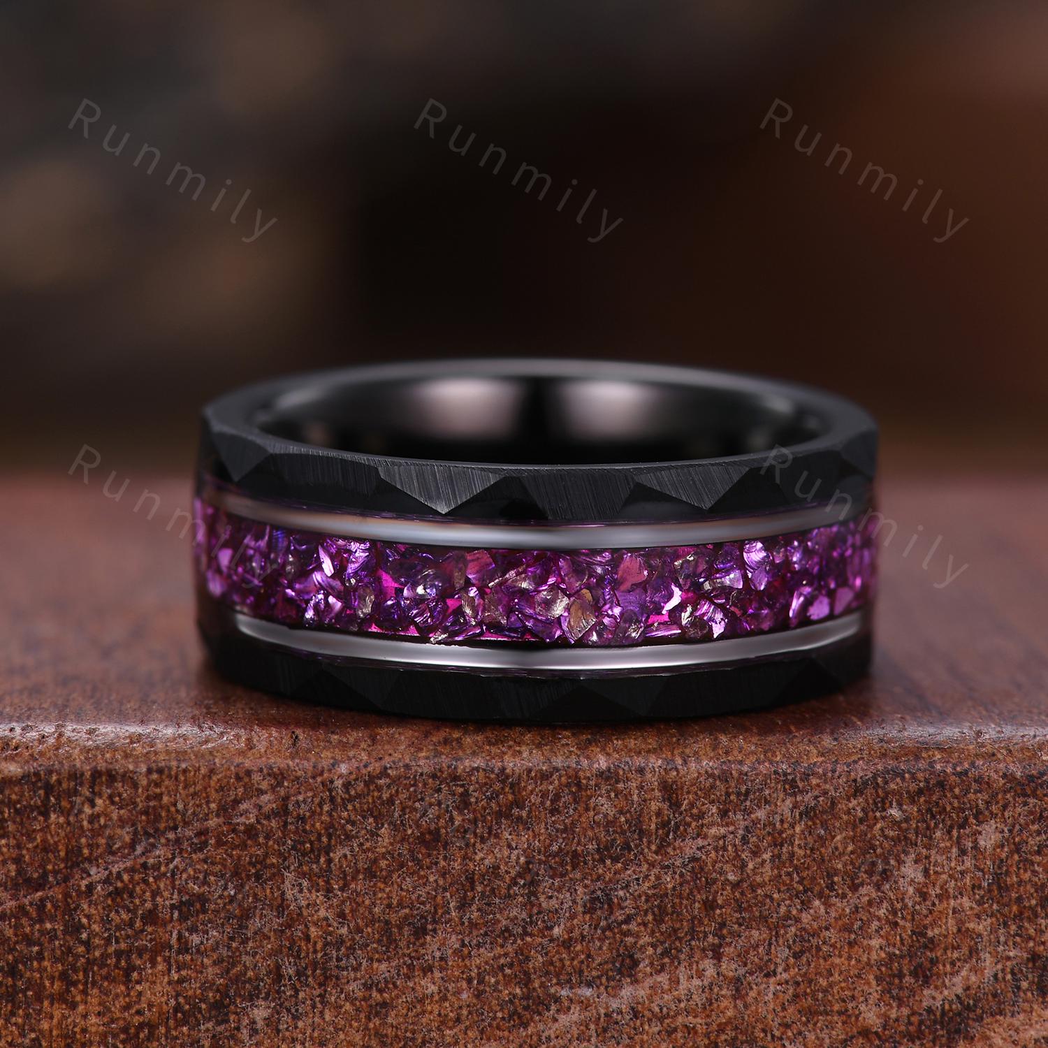 Vintage Hexagon Amethyst Couple Ring Set Gothic Black Gold His and Hers Wedding Band Mens Crushed Amethyst Ring February Birthstone Rings