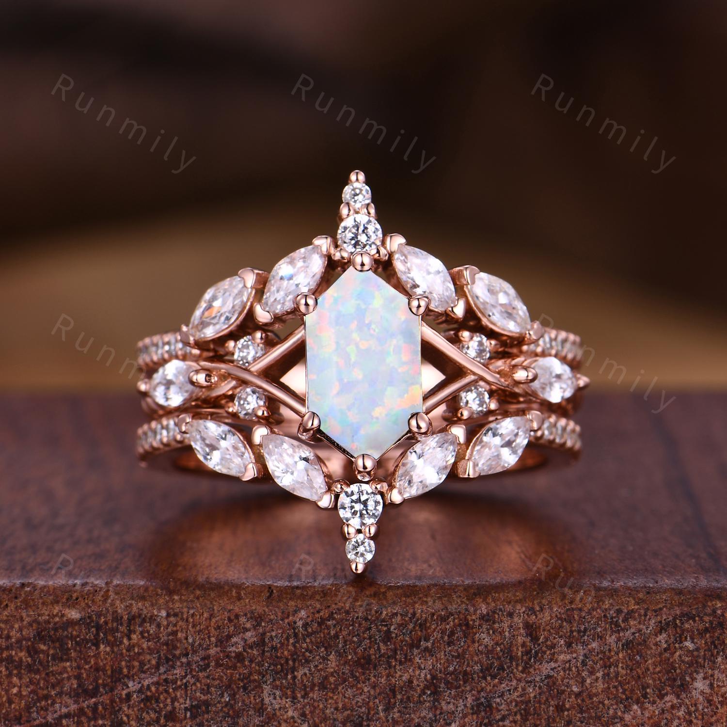 Vintage Hexagon Opal Couples Ring Set Double Curved Diamond Band Rose Gold His and Her Wedding Band Mens Opal Ring Promise Ring For Couple