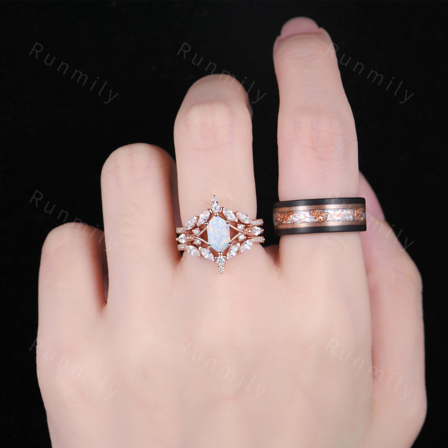 Vintage Hexagon Garnet Couples Ring Set Double Curved Diamond Band Rose Gold His and Her Bands Mens Garnet Ring Promise Ring For Couple