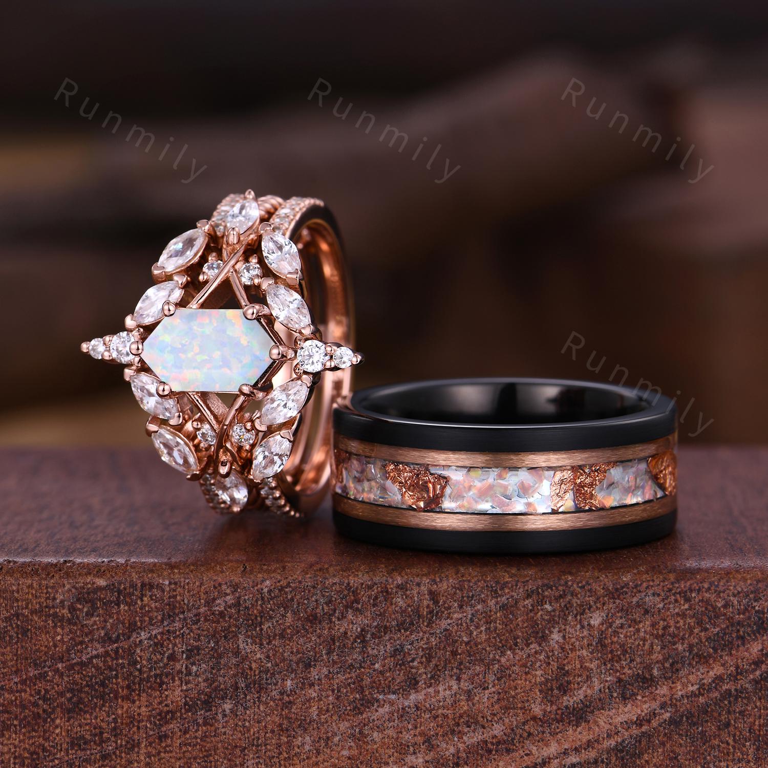 Vintage Hexagon Opal Couples Ring Set Double Curved Diamond Band Rose Gold His and Her Wedding Band Mens Opal Ring Promise Ring For Couple