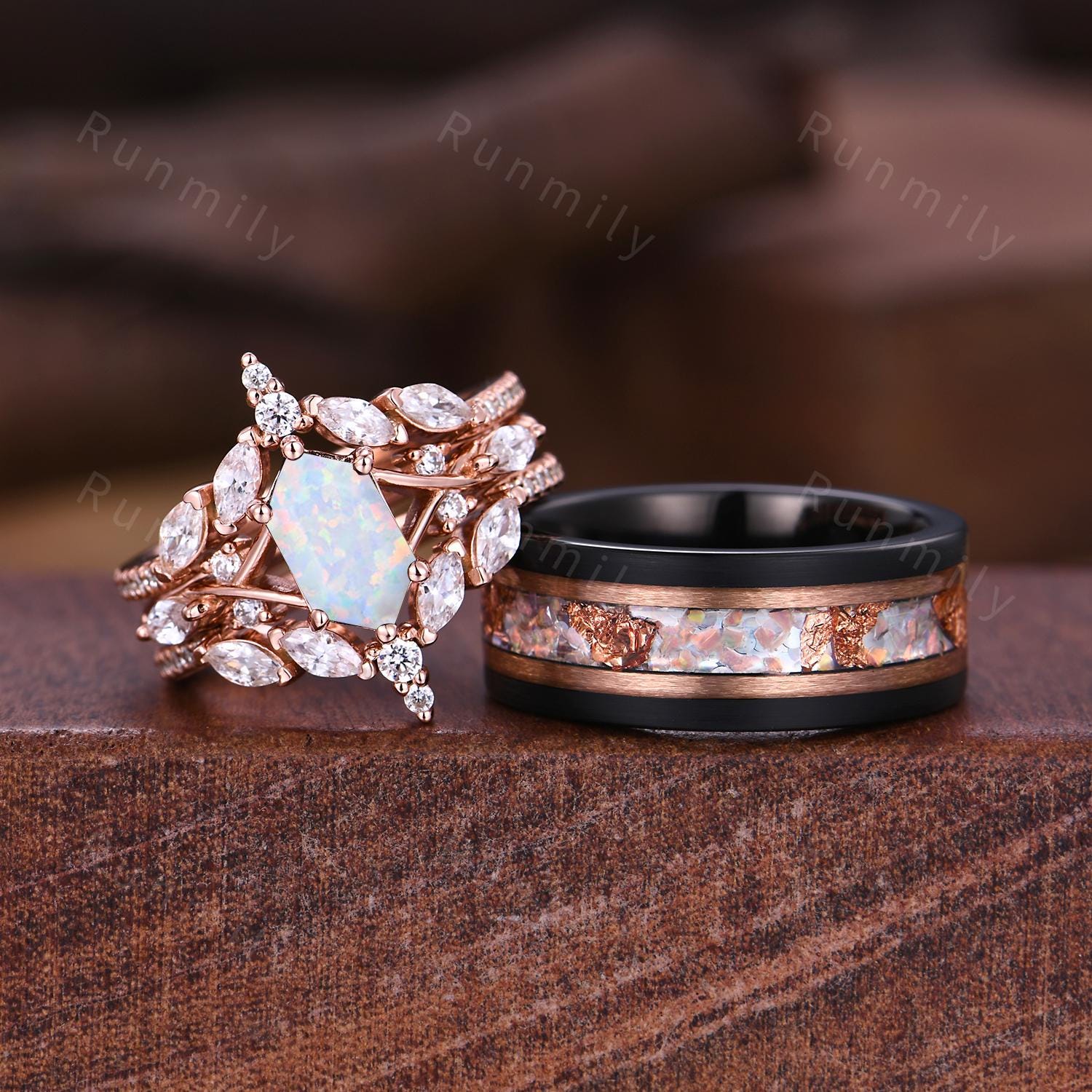 Vintage Hexagon Garnet Couples Ring Set Double Curved Diamond Band Rose Gold His and Her Bands Mens Garnet Ring Promise Ring For Couple