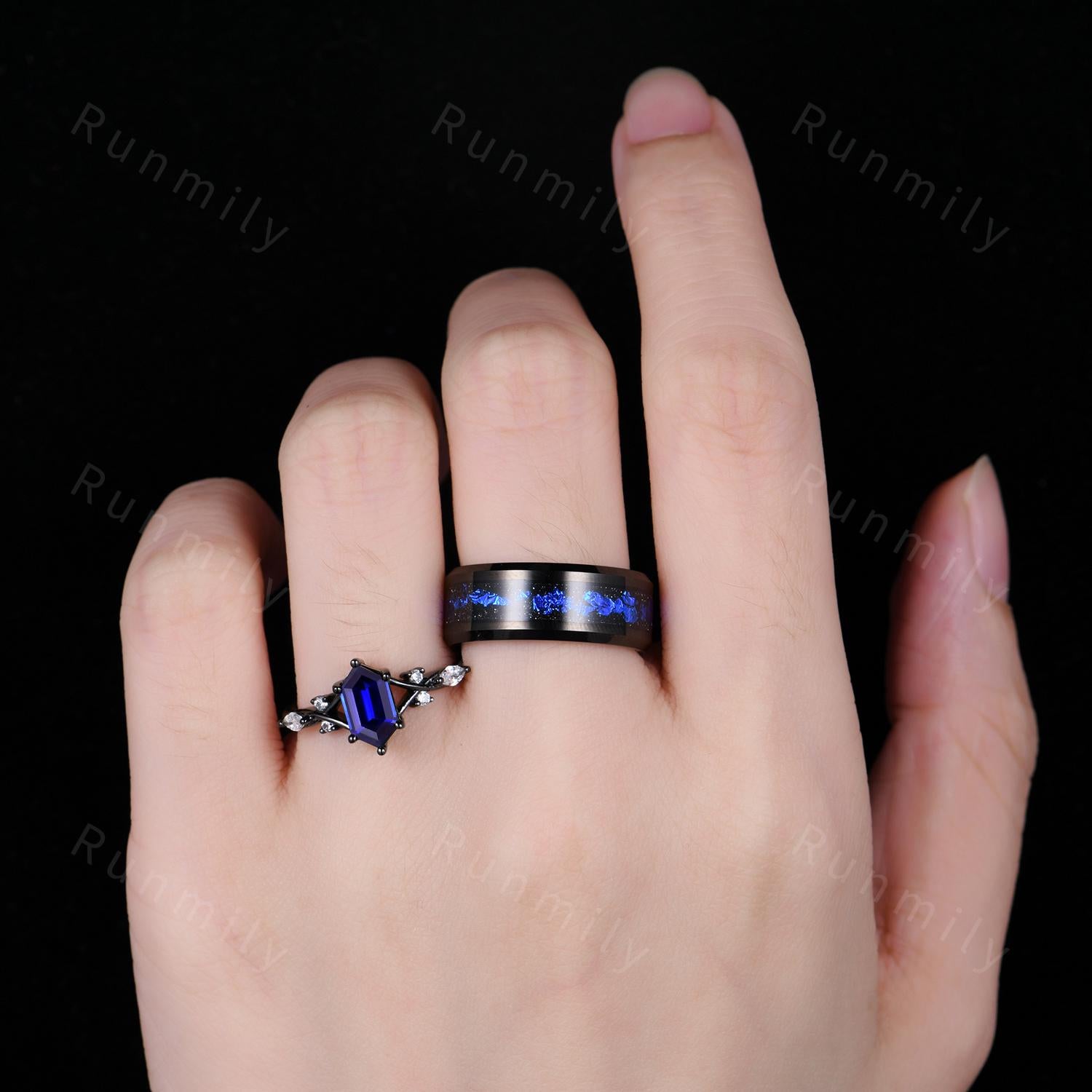 Vintage Blue Sapphire Couples Ring Gothic Black Gold Matching Ring Set His And Hers Wedding Band Orion Nebula Promise Ring For Couple