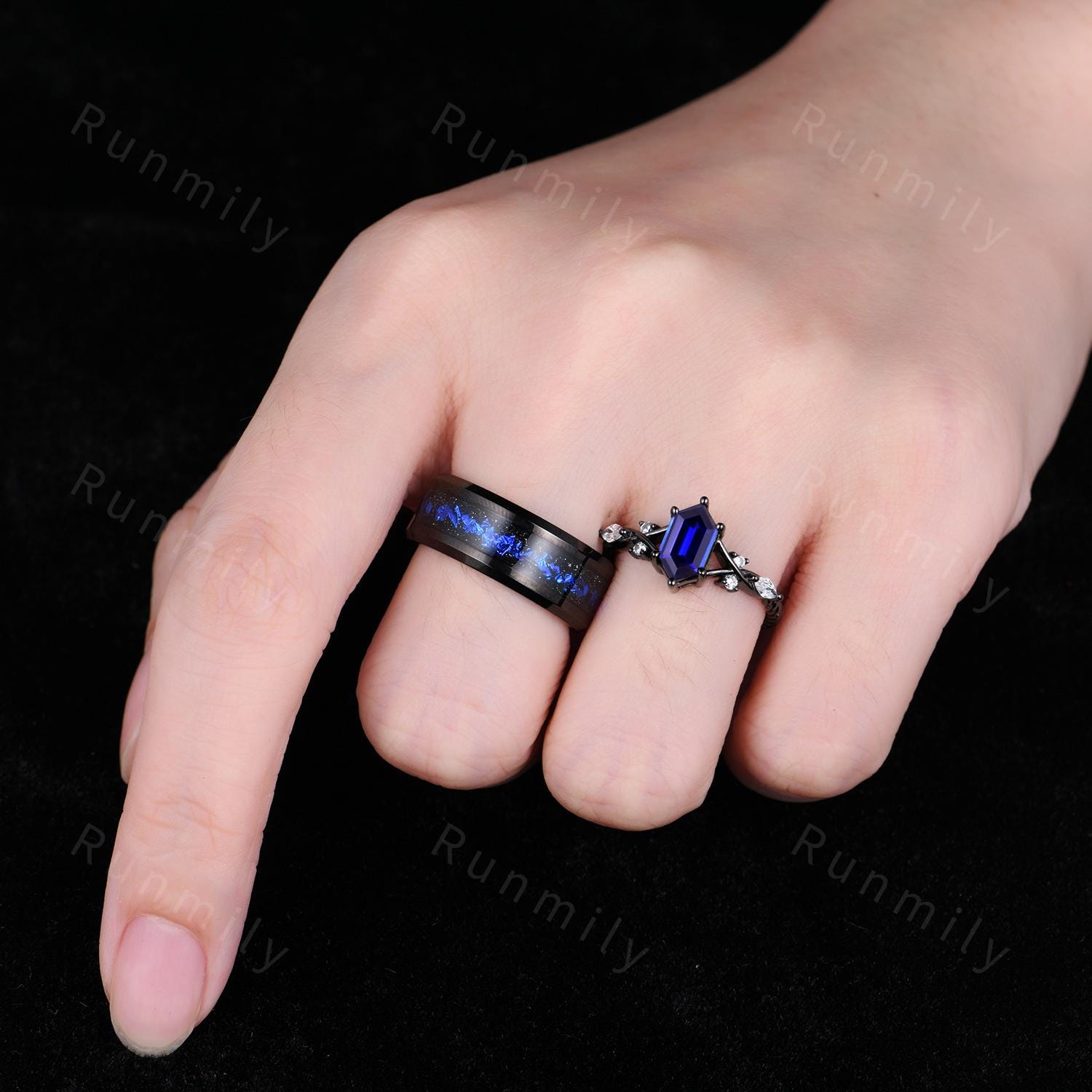 Vintage Blue Sapphire Couples Ring Gothic Black Gold Matching Ring Set His And Hers Wedding Band Orion Nebula Promise Ring For Couple