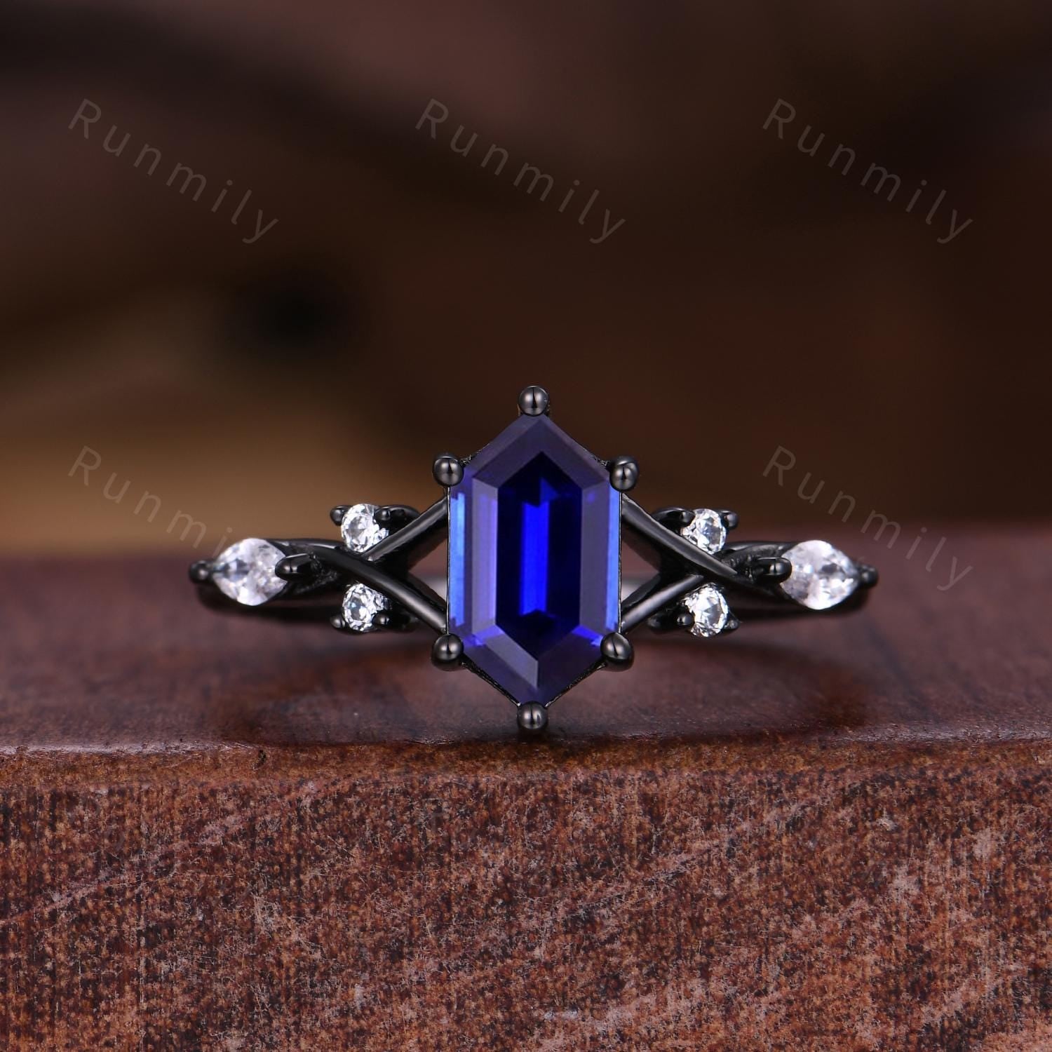 Vintage Blue Sapphire Couples Ring Gothic Black Gold Matching Ring Set His And Hers Wedding Band Orion Nebula Promise Ring For Couple