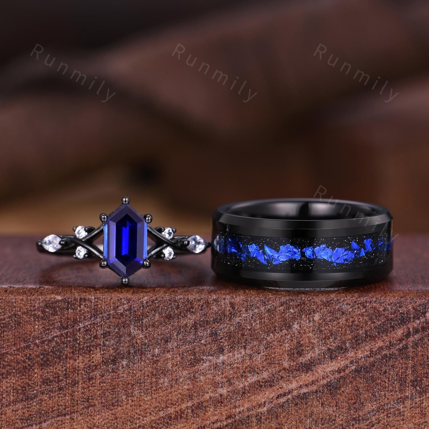 Vintage Blue Sapphire Couples Ring Gothic Black Gold Matching Ring Set His And Hers Wedding Band Orion Nebula Promise Ring For Couple