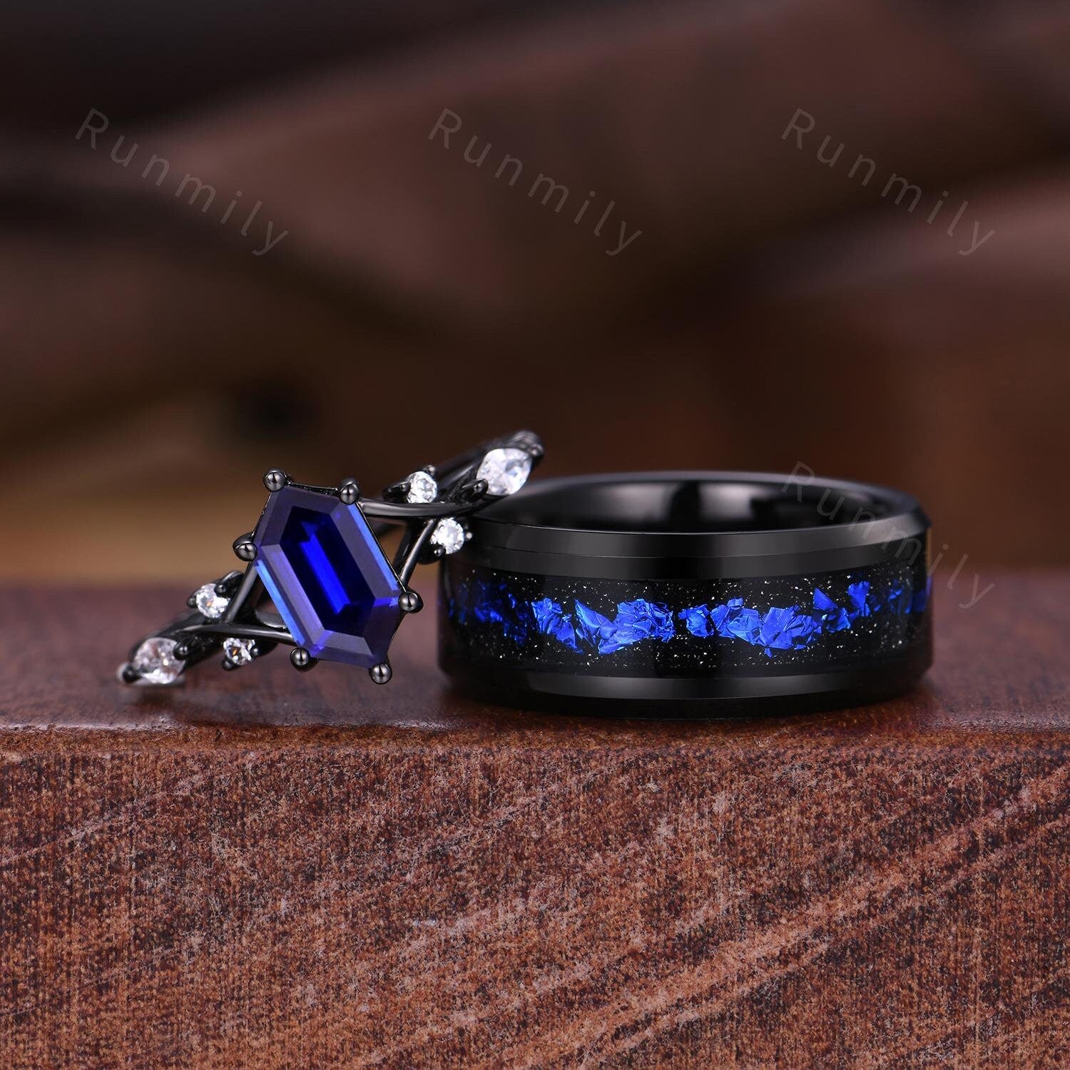 Vintage Blue Sapphire Couples Ring Gothic Black Gold Matching Ring Set His And Hers Wedding Band Orion Nebula Promise Ring For Couple
