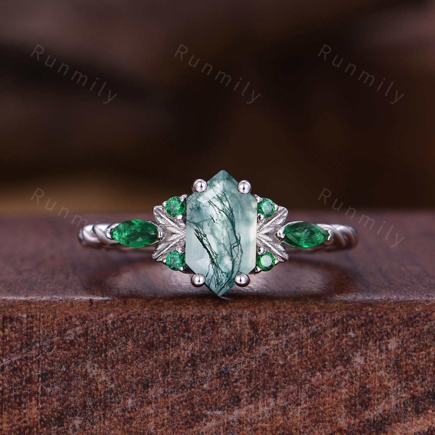 Natural Moss Agate & Emerald Couples Set Ring May Birthstone Gifts Vintage His and Her Wedding Band Men's Emerald Tungsten Ring Green Rings