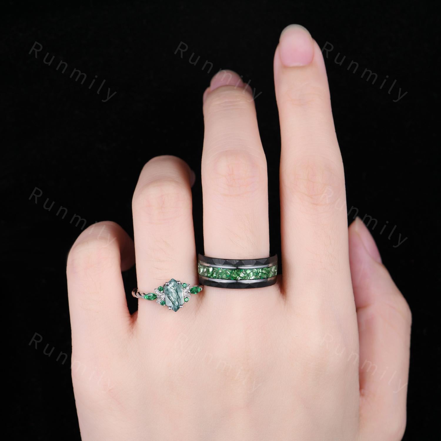 Natural Moss Agate & Emerald Couples Set Ring May Birthstone Gifts Vintage His and Her Wedding Band Men's Emerald Tungsten Ring Green Rings