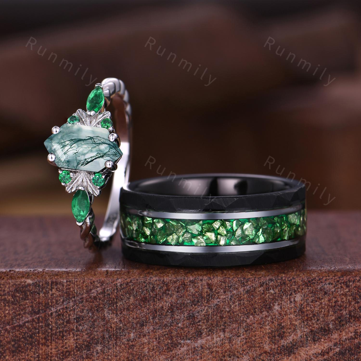 Natural Moss Agate & Emerald Couples Set Ring May Birthstone Gifts Vintage His and Her Wedding Band Men's Emerald Tungsten Ring Green Rings