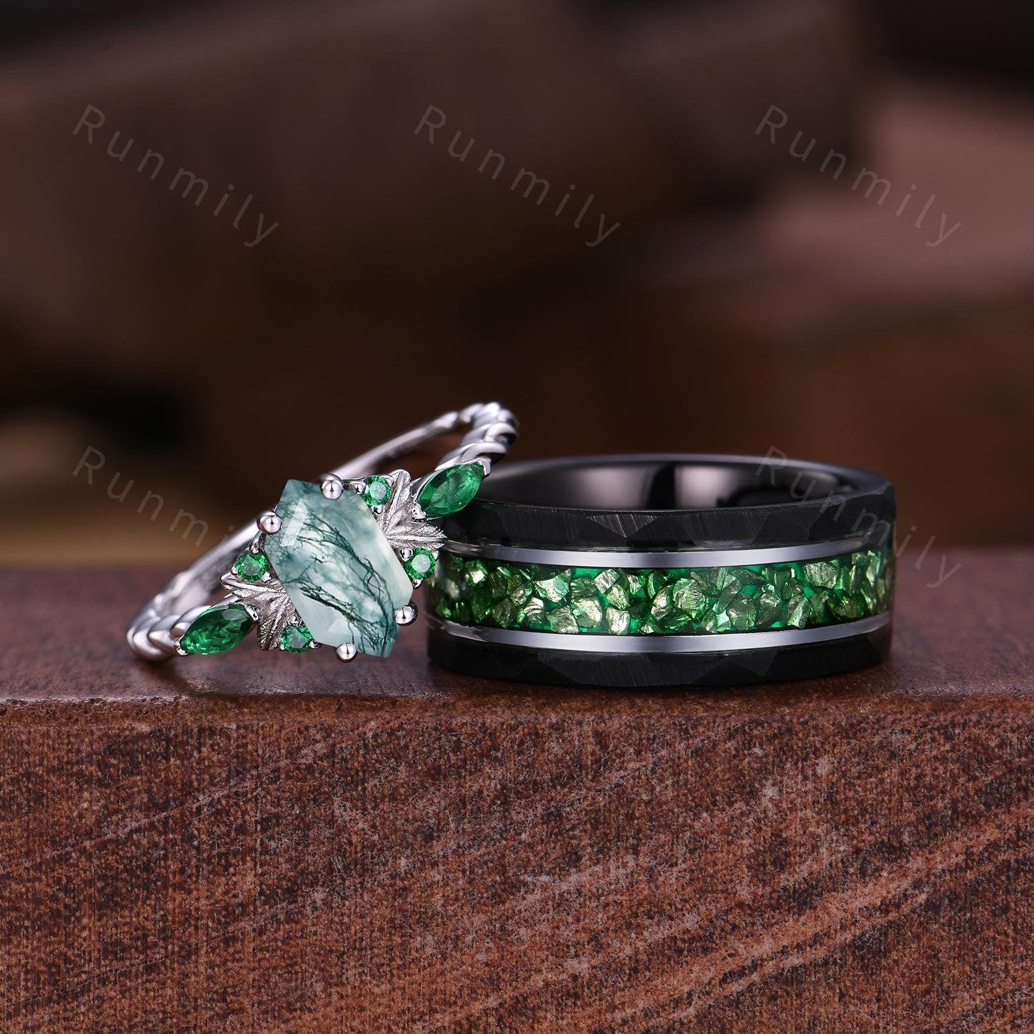 Natural Moss Agate & Emerald Couples Set Ring May Birthstone Gifts Vintage His and Her Wedding Band Men's Emerald Tungsten Ring Green Rings