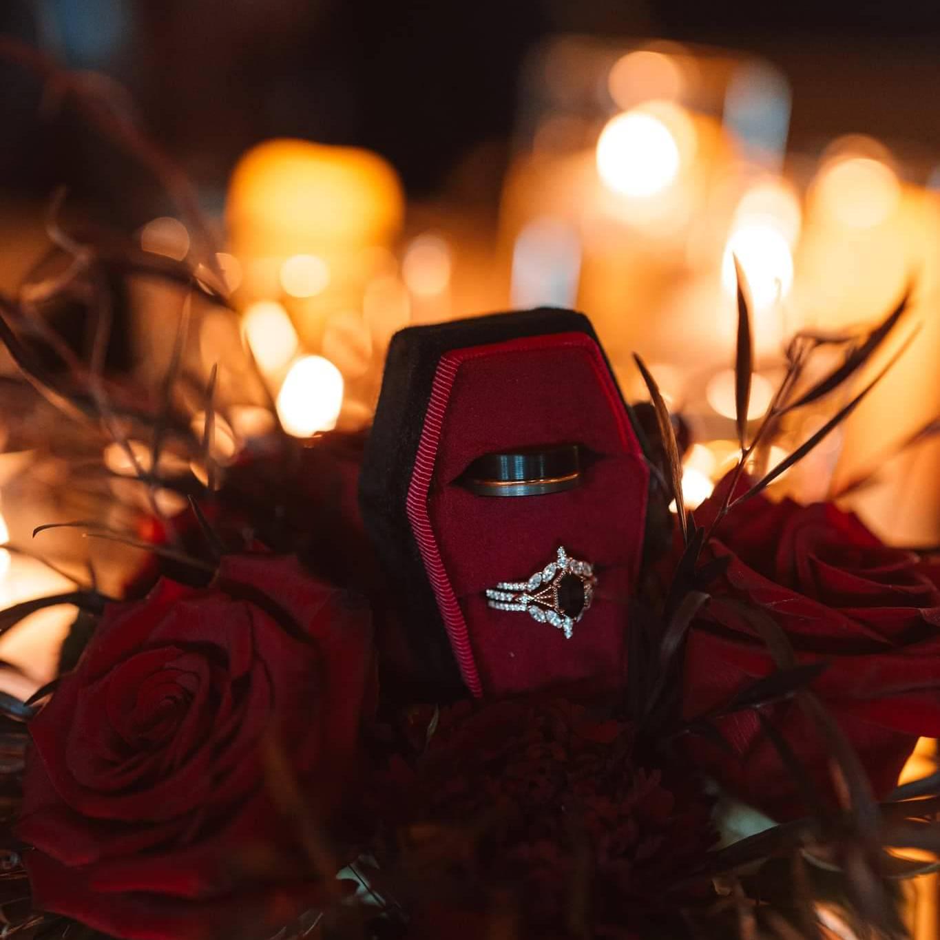 Black Onyx Couples Ring Set Vintage Double Curved Diamond Band Black and Rose Gold His and Her Wedding Band Promise Ring For Men and Women