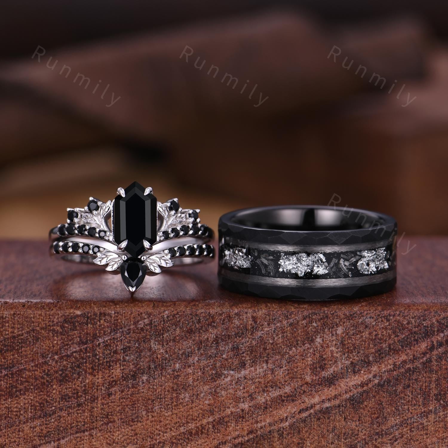 Vintage Hexagon cut Black Onyx Couples Ring Sterling Silver Matching Ring Set His and Hers Wedding Band Couple Black Gemstone Promise Ring