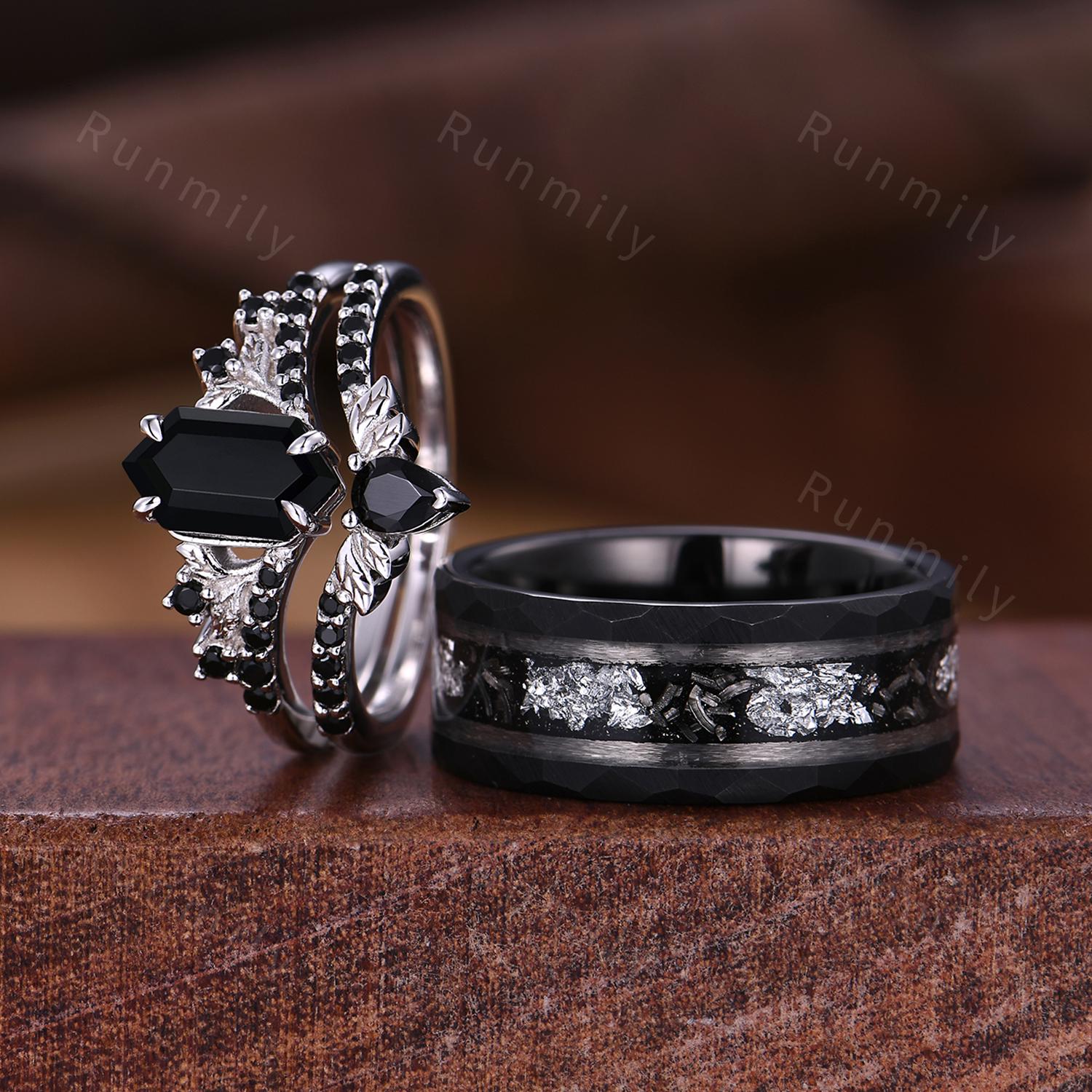 Vintage Hexagon cut Black Onyx Couples Ring Sterling Silver Matching Ring Set His and Hers Wedding Band Couple Black Gemstone Promise Ring