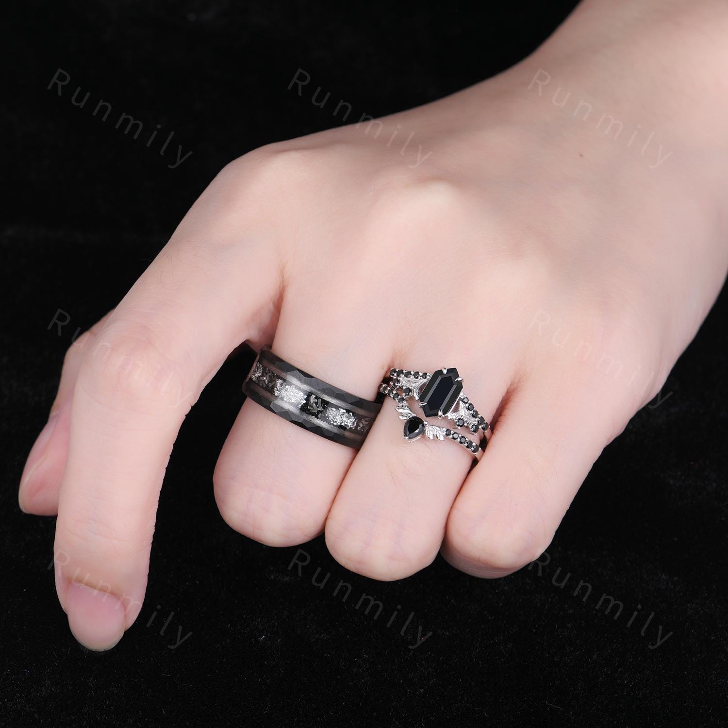 Vintage Hexagon cut Black Onyx Couples Ring Sterling Silver Matching Ring Set His and Hers Wedding Band Couple Black Gemstone Promise Ring