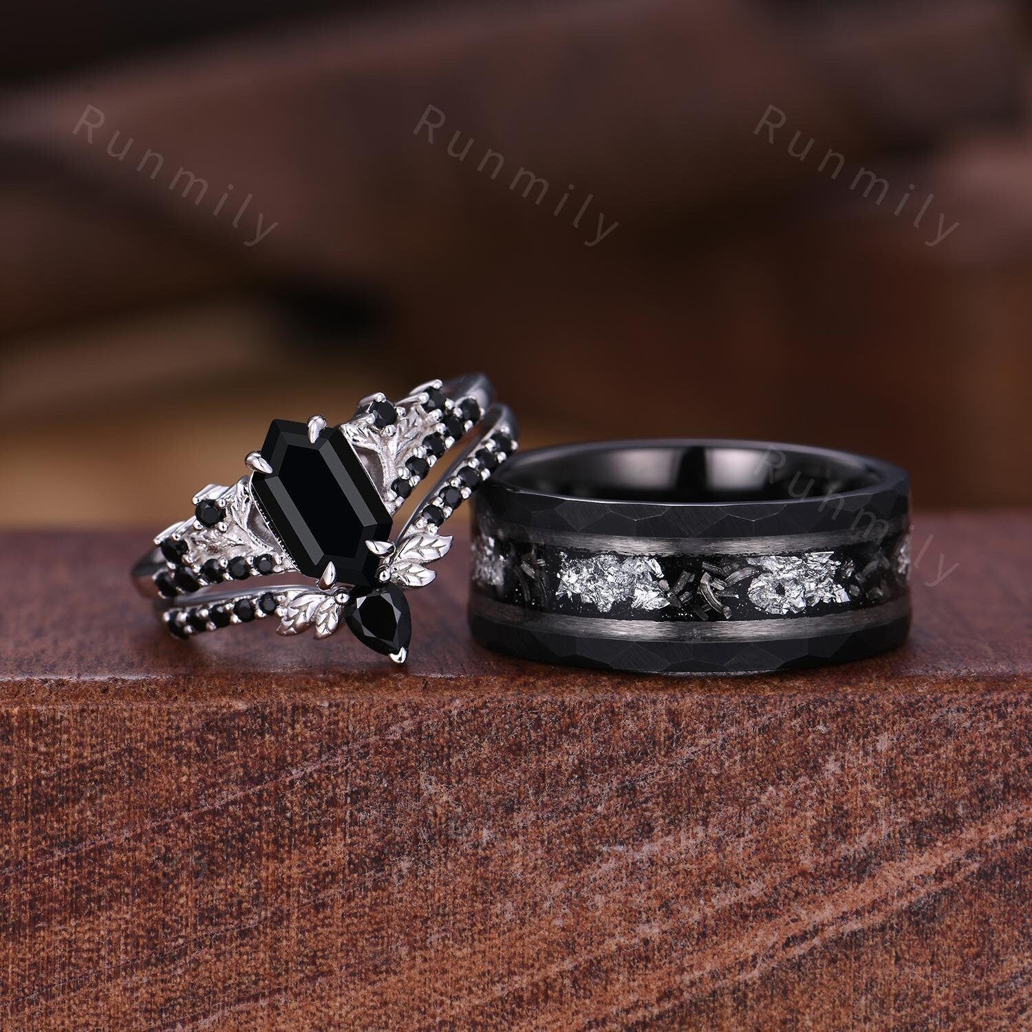 Vintage Hexagon cut Black Onyx Couples Ring Sterling Silver Matching Ring Set His and Hers Wedding Band Couple Black Gemstone Promise Ring