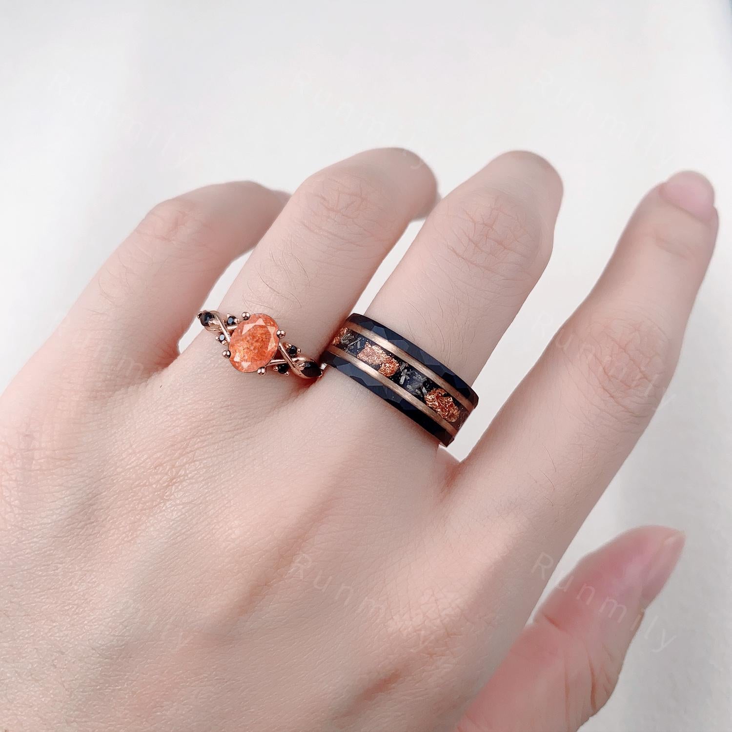 Oval Cut Sunstone Couples Ring Set Rose Gold Matching Promise Rings His And Hers Wedding Band Mens Tungsten Ring Anniversary Ring Gifts